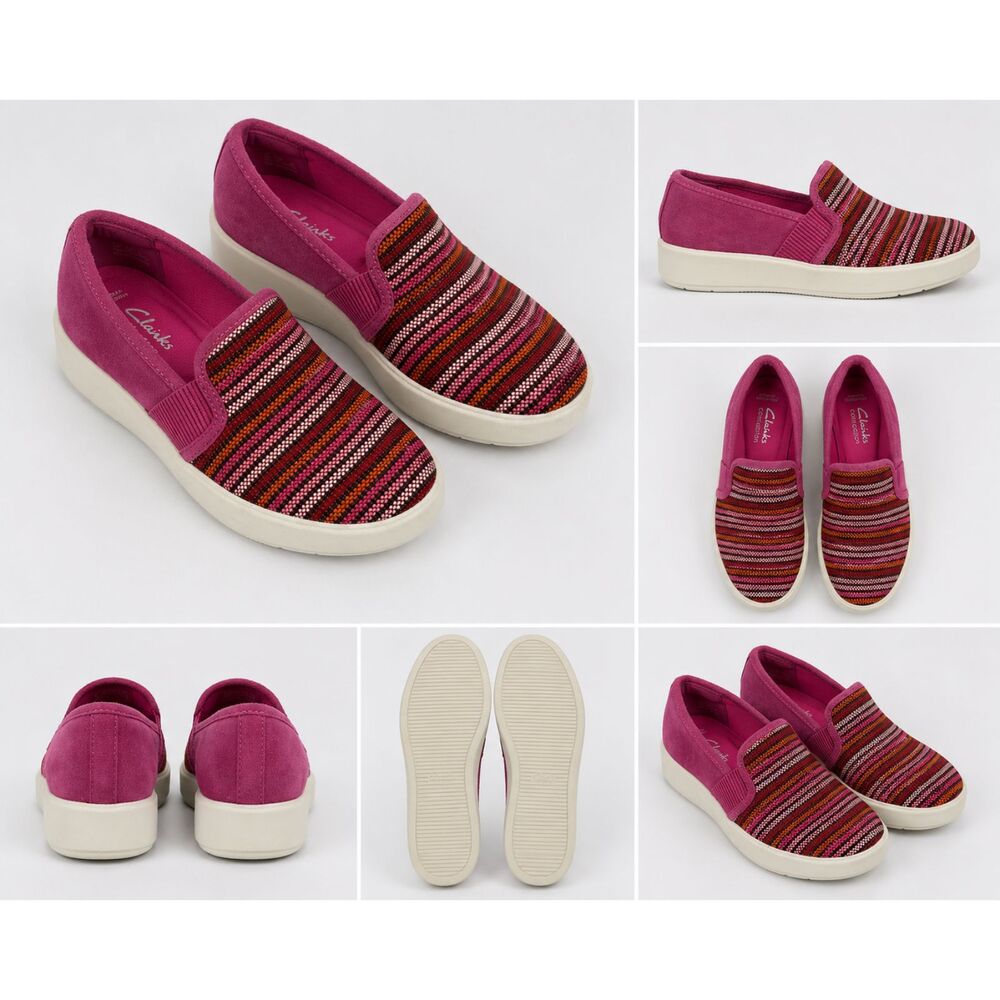Clarks Collection 7W Pink Stripe Slip On Sneakers Ultimate Comfort Shoes NWOT